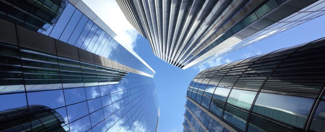 Ground view of modern business office building skyscrapers