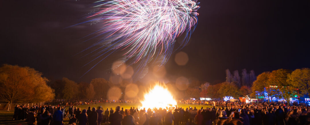 Fireworks display at bonfire night. Guy Fawkes night. Bokeh effect.